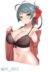 Rule 34 | 1girl, antenna hair, black bra, bow, bra, breasts, collarbone, green eyes, green hair, hair bow, hair ribbon, highres, irako (kancolle), kantai collection, large breasts, long hair, long sleeves, looking at viewer, open clothes, open shirt, ponytail, ribbon, shirt, solo, tf cafe, twitter username, underwear, upper body, white background