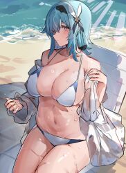 Rule 34 | 1girl, beach, bikini, black hairband, blue hair, breasts, cleavage, commentary request, eula (genshin impact), genshin impact, hair ornament, hairband, highres, large breasts, looking at viewer, navel, ocean, sand, shirt, short hair, sitting, solo, swimsuit, the olphy, wet, white bikini, white shirt, yellow eyes