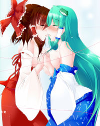 Rule 34 | 2girls, bare shoulders, blush, bow, breast press, breasts, brown hair, detached sleeves, closed eyes, female focus, french kiss, frog, frog hair ornament, green hair, hair bow, hair ornament, hair tubes, hakurei reimu, holding hands, japanese clothes, kiss, kochiya sanae, large breasts, long hair, miko, multiple girls, saliva, saliva trail, sesield, short hair, string, string of fate, symmetrical docking, tongue, topless, touhou, very long hair, yuri