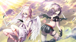 Rule 34 | 10s, 2girls, angel, angel wings, bare shoulders, black feathers, blonde hair, blue eyes, boots, cloud, cross-laced clothes, cross-laced footwear, cross-laced legwear, demon girl, demon horns, demon tail, demon wings, diffraction spikes, feathers, floating, gabriel dropout, gloves, hallelujah essaim, halo, highres, holding, holding feather, horns, leaning forward, long hair, looking at viewer, looking back, multiple girls, parted lips, purple eyes, purple hair, sak (pixiv), sandals, short hair, signature, skirt, sky, strapless, tail, gabriel tenma white, topknot, vignette tsukinose april, tube top, wings