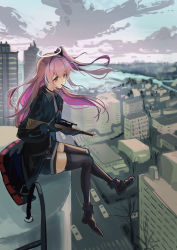 Rule 34 | 1girl, absurdres, ambriel (arknights), arknights, black footwear, black gloves, black jacket, black legwear, black shorts, boots, building, collared jacket, food, full body, gloves, gun, halo, highres, holding, holding gun, holding weapon, jacket, long sleeves, mouth hold, natsuba002, one side up, orange eyes, outdoors, pink hair, pocky, rifle, shorts, sitting, sniper rifle, solo, weapon