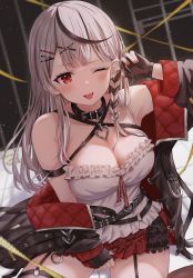 Rule 34 | 1girl, :p, absurdres, armpits, belt, belt collar, black gloves, black hair, blush, bow, braid, breasts, camisole, caution tape, cleavage, collar, ear piercing, fingerless gloves, garter straps, gloves, grey hair, hair ornament, highres, hololive, large breasts, long hair, looking at viewer, mei am0, multicolored hair, nail polish, off-shoulder jacket, off shoulder, one eye closed, piercing, plaid, plaid bow, plaid skirt, red eyes, red nails, sakamata chloe, skirt, solo, streaked hair, thighhighs, tongue, tongue out, virtual youtuber, white camisole, x hair ornament