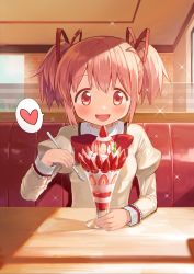 Rule 34 | 1girl, absurdres, blush, booth seating, bow, cocoa (ultra mdk), commentary request, food, frilled sleeves, frills, fruit, hair between eyes, hair bow, heart, highres, ice cream, juliet sleeves, kaname madoka, long sleeves, mahou shoujo madoka magica, mahou shoujo madoka magica (anime), mitakihara school uniform, parfait, pink eyes, pink hair, puffy sleeves, red bow, restaurant, school uniform, short twintails, smile, solo, sparkle, spoken heart, spoon, strawberry, twintails, whipped cream, window
