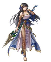 Rule 34 | 1girl, bare shoulders, black eyes, black hair, breasts, detached collar, dress, fire emblem, fire emblem: the blazing blade, fire emblem heroes, full body, gold trim, hair ornament, highres, holding, holding weapon, karla (fire emblem), kita senri, loincloth, long hair, medium breasts, nintendo, non-web source, official art, pantyhose, polearm, short sleeves, spear, strapless, strapless dress, toeless footwear, toes, transparent background, weapon, wide sleeves