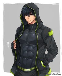 Rule 34 | 1boy, abs, black bodysuit, black eyes, black gloves, black hair, black jacket, black pants, bodysuit, bodysuit under clothes, covered abs, covered erect nipples, covered navel, gloves, green jacket, green pants, hood, hooded jacket, jacket, looking at viewer, male focus, multicolored jacket, muscular, muscular male, original, pants, pectorals, simple background, skin tight, solo, torakichi (ebitendon), two-tone jacket, two-tone pants, upper body