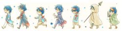 Rule 34 | 00s, 1boy, age difference, age progression, blue hair, chibi, drill, garlock simon, goggles, goggles on head, male focus, multiple persona, multiple views, old, aged up, simon (ttgl), tengen toppa gurren lagann, walking, white background, aged down