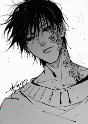 Rule 34 | 1boy, black sclera, chest tattoo, closed mouth, colored sclera, dated, facial tattoo, flower tattoo, frown, fushiguro touji, highres, jujutsu kaisen, looking at viewer, male focus, neck tattoo, red eyes, sashiyu, scar, scar on face, scar on mouth, short hair, signature, simple background, solo, spot color, sweater, tattoo, upper body, white background