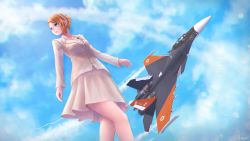 Rule 34 | 1girl, ace combat, ace combat 7: skies unknown, air supreriority fighter, aircraft, airplane, artist request, blonde hair, blue eyes, blue sky, boutonniere, braid, canards, chromatic aberration, cloud, contrail, day, fighter aircraft, french braid, from below, highres, interdictor, karkovb152, legs, military, multirole combat aircraft, princess, rosa cossette d&#039;elise, skirt, sky, solo, solo focus, su-30, thighs, vehicle focus, white skirt