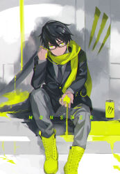 Rule 34 | 1boy, black hair, black jacket, black necktie, boots, buttoned cuffs, buttons, cable, can, chain, closed mouth, commentary, drink can, earphones, energy drink, english commentary, english text, foot out of frame, glasses, grey background, grey pants, grey shirt, hair between eyes, hand up, highres, holding, jacket, limited palette, long sleeves, looking at viewer, male focus, monster energy, necktie, original, paint, paint on fingers, pants, scarf, semi-rimless eyewear, shirt, short hair, single earphone removed, sitting, soda can, solo, suit jacket, takerusilt, under-rim eyewear, yellow eyes, yellow footwear, yellow scarf