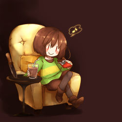 Rule 34 | androgynous, armchair, blush stickers, brown hair, candy, chair, chara (undertale), chocolate, chocolate bar, chocolate milk, commentary request, crossed legs, drinking straw, food, gender request, glass, highres, iiwake, knife, musical note, pillow, quaver, shirt, short hair, sitting, smile, solo, speech bubble, spoken musical note, striped clothes, striped shirt, undertale, | |