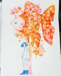 Rule 34 | 1girl, animal, arms at sides, blue footwear, blue hair, boots, clothing request, expressionless, fins, fish, flower, goldfish, highres, limited palette, long sleeves, maruti bitamin, no nose, orange flower, original, oversized animal, painting (medium), photo (medium), pink flower, plant, short hair, solo, traditional media, tree, watercolor (medium), white background