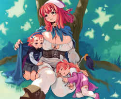 Rule 34 | 1boy, 2girls, age difference, bell, boots, breasts, child, cleavage, hat, huge breasts, la pucelle, lowres, mole, mole under eye, multiple girls, prier, red eyes, red hair, ryoji (nomura ryouji), sleeping, thighhighs, third-party edit