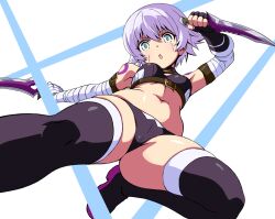 Rule 34 | 1girl, arm belt, bandaged arm, bandages, bare shoulders, black panties, boots, breasts, close-up, dagger, facial scar, fate/grand order, fate (series), from below, green eyes, holding, holding dagger, holding knife, holding weapon, incoming attack, jack the ripper (fate/apocrypha), knife, looking at viewer, navel, open mouth, panties, scar, scar across eye, scar on cheek, scar on face, short hair, shoulder tattoo, small breasts, solo, sp+, tattoo, thigh boots, thighhighs, underwear, weapon, white hair