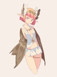 Rule 34 | 1girl, blunt bangs, breasts, brown wings, circe (fate), closed mouth, cropped legs, fate/grand order, fate (series), feathered wings, green eyes, grey background, head wings, looking at viewer, miniskirt, multicolored eyes, pink eyes, pink hair, pointy ears, shimazaki1152, short hair, simple background, skirt, sleeveless, small breasts, solo, thighlet, white skirt, wings