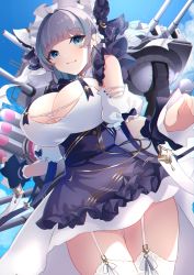 Rule 34 | 1girl, absurdres, animal ears, aqua hair, azur lane, blue eyes, blue sky, blush, breasts, cheshire (azur lane), cleavage, cloud, day, detached sleeves, dress, fang, garter straps, grey hair, highres, large breasts, looking at viewer, maid headdress, multicolored hair, outdoors, puffy detached sleeves, puffy sleeves, purple dress, ribbon, sky, smile, solo, thighhighs, torpedo tubes, turret, white dress, white thighhighs, wrist cuffs, yamaha tsui