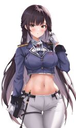 1girl :o absurdres ascot blue_jacket blush breasts brown_eyes brown_hair colored_inner_hair cropped_jacket ear_piercing epaulettes gloves goddess_of_victory:_nikke highres holding jacket large_breasts long_hair looking_at_viewer marciana_(nikke) military_jacket multicolored_hair navel navel_piercing nnnn_(arca) pants parted_lips piercing riding_crop solo thigh_gap tight_clothes tight_pants white_ascot white_gloves white_pants