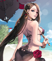 Rule 34 | 1girl, absurdly long hair, ass, back, bare shoulders, beach, bikini, black hair, blue eyes, bracelet, braid, breasts, card (medium), chaos online, cloud, day, fingernails, flower, hair ornament, heterochromia, holding, jewelry, large breasts, lens flare, lips, long fingernails, long hair, looking at viewer, looking back, love cacao, medusa (chaos online), official art, outdoors, parted lips, red eyes, rose, sarong, shoes, sideboob, sky, solo, strap gap, swimsuit, tree, umbrella, very long hair, water