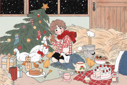 Rule 34 | bird, black eyes, blanket, blush, box, brown hair, bucket, cake, checkerboard cookie, child, christmas tree, chromatic aberration, cookie, cup, cupcake, duck, food, food on face, fork, gender request, gift, gift box, highres, holding, holding food, long sleeves, original, red scarf, scarf, short hair, solo, strawberry shortcake, teapot, window, yoovora