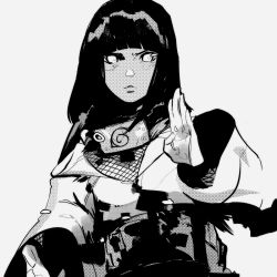 Rule 34 | 1girl, black hair, blunt bangs, commentary request, felipe magana, forehead protector, greyscale, highres, hyuuga hinata, lips, long hair, looking at viewer, monochrome, naruto (series), neckwear request, parted lips, simple background, solo, wide sleeves