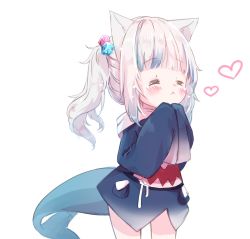 Rule 34 | 1girl, :&lt;, = =, animal ear fluff, animal ears, blue hair, blue hoodie, cat ears, closed eyes, closed mouth, cowboy shot, cube hair ornament, fins, fish tail, gawr gura, gawr gura (1st costume), gawr gura (casual), hair ornament, hands up, highres, hololive, hololive english, hood, hood down, hoodie, long hair, long sleeves, multicolored hair, peas (peas0125), shark tail, side ponytail, simple background, sleeves past fingers, sleeves past wrists, solo, standing, streaked hair, tail, virtual youtuber, white background, white hair