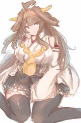 Rule 34 | 1girl, ahoge, black skirt, black thighhighs, boots, brown hair, detached sleeves, double bun, hair bun, hairband, hakama, hakama short skirt, hakama skirt, headgear, highres, japanese clothes, kantai collection, kongou (kancolle), long hair, looking at viewer, ribbon-trimmed sleeves, ribbon trim, saamon (salmonkomaku), simple background, sitting, skirt, solo, thigh boots, thighhighs, wariza, white background