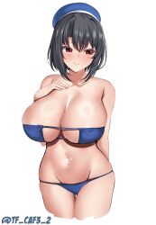 Rule 34 | 1girl, beret, bikini, black hair, blue bikini, blush, breasts, cowboy shot, embarrassed, hat, highres, kantai collection, large breasts, red eyes, short hair, simple background, swimsuit, takao (kancolle), tf cafe, twitter username, white background