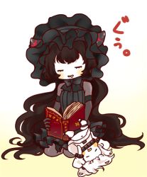 Rule 34 | 10s, 2girls, abyssal ship, black hair, book, chibi, colored skin, dress, drooling, gradient background, hairband, holding, holding book, horns, isolated island oni, kantai collection, kobone, lolita hairband, long hair, lying, mittens, multiple girls, navel, northern ocean princess, panties, sitting, sleeping, sleeping on person, translation request, underwear, very long hair, wariza, white dress, white hair, white skin