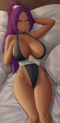 Rule 34 | 1girl, absurdres, bare shoulders, bleach, blush, breasts, cleavage, collarbone, dark-skinned female, dark skin, highres, large breasts, long hair, looking at viewer, parted bangs, ponytail, purple hair, shihouin yoruichi, smile, solo, thighs, yellow eyes, zaphn