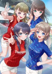 4girls :d absurdres aqua_eyes azul_claro_numazu black_hair blue_eyes blue_hair blue_ribbon blunt_bangs blush braid breasts brown_hair center-flap_bangs clenched_hand closed_mouth clothes_writing commentary_request cowboy_shot dark_blue_hair hair_ribbon hand_on_own_hip highres kachimachi_kosuzu kobassy kurosawa_dia leaning_forward link!_like!_love_live! long_hair looking_at_viewer love_live! love_live!_sunshine!! low_twintails medium_breasts mole mole_under_mouth multiple_girls murano_sayaka open_hand open_mouth outdoors photo_background pink_eyes red_shirt ribbon salute shirt short_hair short_shorts short_sleeves shorts side_braids smile soccer_uniform sportswear stadium standing straight_hair teeth twintails upper_teeth_only v watanabe_you white_shorts zweigen_kanazawa