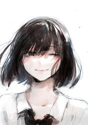 Rule 34 | 1girl, absurdres, black bow, black bowtie, black eyes, bob cut, bow, bowtie, brown hair, closed mouth, highres, looking at viewer, medium hair, one eye closed, original, portrait, shirt, simple background, sketch, smile, solo, tentsuu (tentwo), white background, white shirt