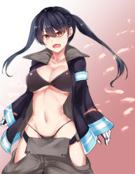 Rule 34 | 1girl, :o, baggy pants, bikini, bikini under clothes, black bikini, black coat, black hair, breasts, cleavage, coat, collarbone, commentary request, cowboy shot, en&#039;en no shouboutai, fang, fire, gradient background, grey pants, groin, hair between eyes, highleg, highleg bikini, hip vent, kuzya, large breasts, long hair, long sleeves, looking at viewer, metal gloves, midriff, navel, open clothes, open coat, open mouth, pants, red background, sidelocks, simple background, skin fang, solo, standing, swimsuit, tamaki kotatsu, twintails, two-tone background, underboob, white background, yellow eyes