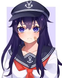 Rule 34 | 1girl, akatsuki (kancolle), anchor symbol, bandaid, bandaid on face, black hair, black hat, black sailor collar, blue eyes, border, commentary request, flat cap, hat, kantai collection, kozu (bloomme1 me), long hair, looking at viewer, neckerchief, one-hour drawing challenge, outside border, purple background, red neckerchief, sailor collar, school uniform, serafuku, solo, two-tone background, upper body, white border