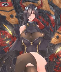 Rule 34 | 1girl, absurdres, azur lane, bare shoulders, black hair, black thighhighs, breasts, cleavage, commentary request, crossed legs, friedrich der grosse (azur lane), gloves, glowing, hair over one eye, highres, horns, huge filesize, large breasts, long hair, looking at viewer, machinery, mbahsepti, parted lips, red gloves, red horns, rigging, rust, sidelocks, signature, smile, solo, thighhighs, thighs, very long hair, yellow eyes
