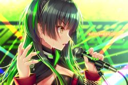 Rule 34 | 1girl, black hair, blurry, blurry background, blush, breasts, brown eyes, cleavage, commentary request, depth of field, fingernails, green hair, green nails, hands up, holding, holding microphone, idolmaster, idolmaster shiny colors, long hair, long sleeves, looking away, mayuzumi fuyuko, medium breasts, microphone, multicolored hair, nail polish, parted lips, profile, solo, strapless, translation request, two-tone hair, two side up, upper body, v-shaped eyebrows, yunagi amane