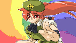 Rule 34 | 1girl, :t, blush, bow, braid, breasts, chinese clothes, ascot, female focus, fighting stance, hair bow, hat, hong meiling, large breasts, long hair, red eyes, red hair, seki (red shine), short sleeves, solo, star (symbol), touhou, twin braids