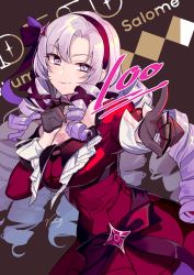 Rule 34 | 1girl, amg (nwmnmllf), commentary, dress, drill hair, gloves, hair ribbon, hairband, highres, hyakumantenbara salome, hyakumantenbara salome (1st costume), light purple hair, long hair, looking at viewer, nijisanji, red dress, ribbon, smile, solo, symbol-only commentary, virtual youtuber