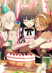 Rule 34 | 3girls, :d, ^ ^, absurdres, birthday cake, black hair, black skirt, blue headwear, blush, breasts, brown hair, cake, closed eyes, commentary request, confetti, cup, dark-skinned female, dark skin, drink, drinking glass, closed eyes, food, fruit, grin, hairband, hat, highres, holding, holding cup, hug, idolmaster, idolmaster shiny colors, indoors, izumi mei, jacket, light brown hair, long sleeves, mayuzumi fuyuko, medium breasts, misaki nonaka, multiple girls, off-shoulder shirt, off shoulder, open mouth, party hat, pink shirt, puffy long sleeves, puffy sleeves, red headwear, red jacket, sash, serizawa asahi, shirt, skirt, smile, strawberry, straylight (idolmaster), two side up, white hairband, white shirt