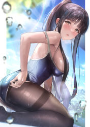 Rule 34 | 1girl, :o, ass, back, bare shoulders, blue one-piece swimsuit, blue sky, blunt bangs, blurry, blurry background, blurry foreground, blush, breasts, brown eyes, brown hair, brown pantyhose, commission, day, depth of field, feet out of frame, high ponytail, highleg, highleg swimsuit, highres, large breasts, long hair, looking at viewer, off shoulder, one-piece swimsuit, open mouth, original, pantyhose, pantyhose under swimsuit, ponytail, sakamuke, sidelocks, sky, solo, swimsuit, swimsuit tug, thighband pantyhose, thighs, very long hair, water drop, wet, wet clothes, wet hair, wet swimsuit