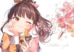 Rule 34 | 1girl, black bow, blush, bow, brown eyes, brown hair, candle, cookie, cosmetics, cupcake, flower, food, fruit, hair bow, holding, holding food, leaf, lipstick tube, long hair, looking at viewer, macaron, multicolored hair, one eye closed, orange flower, orange rose, orange shirt, original, pink flower, pink hair, pink ribbon, pink rose, pink shirt, polka dot, polka dot bow, ponytail, ribbon, rose, ryota (ry o ta), shirt, solo, sparkle, statue, strawberry, streaked hair, upper body, white background, white nails, xp-pen