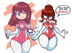 Rule 34 | :d, absurdres, alternate costume, blush stickers, bodysuit, breasts, contrapposto, cropped legs, domino mask, gloves, green eyes, highres, long hair, marvel, mary jane watson, mask, medium breasts, official alternate costume, one eye closed, open mouth, ponytail, ponytail holder, rariatto (ganguri), red hair, sidelocks, smile, speech bubble, spider-man (series), spider web print, spinneret (marvel), superhero costume, the amazing spider-man, thick thighs, thighs, white bodysuit, white gloves, wide hips