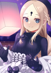 Rule 34 | 1girl, abigail williams (event portrait) (fate), abigail williams (fate), black hat, black shirt, blonde hair, blue eyes, bodystocking, braid, braided ponytail, breasts, closed mouth, dress, fate/grand order, fate (series), forehead, grey dress, hat, keyhole, lantern, long hair, long sleeves, looking at viewer, off shoulder, paper lantern, parted bangs, ryofuhiko, shirt, sidelocks, small breasts, smile, solo, very long hair