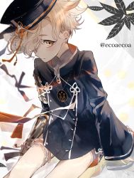 Rule 34 | 10s, 1boy, blonde hair, blush, ecoaecoa, freckles, from above, gokotai, hair over eyes, hair over one eye, hat, highres, japanese clothes, male focus, one eye covered, short hair, sitting, solo, touken ranbu, twitter username, yellow eyes