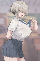 Rule 34 | 1girl, arm behind back, blurry, blurry background, breasts, collared shirt, commentary, cowboy shot, fang, from side, grey hair, grey necktie, grey skirt, hair over eyes, highres, holding necktie, huge breasts, indoors, jorin, leaning forward, necktie, open mouth, pleated skirt, school uniform, shirt, shirt tucked in, short hair, short sleeves, sidelocks, skin fang, skirt, smile, solo, standing, symbol-only commentary, thick thighs, thighs, tongue, uzaki-chan wa asobitai!, uzaki yanagi, white shirt, wide hips