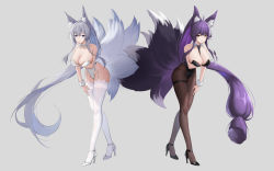 Rule 34 | 2girls, absurdres, alternate costume, alternate hairstyle, animal ear fluff, animal ears, azur lane, bare shoulders, between breasts, black footwear, black leotard, black necktie, black pantyhose, blue eyes, breasts, chinese commentary, cleavage, closed mouth, collarbone, commentary request, detached collar, fox ears, fox girl, fox tail, full body, garter straps, grey hair, high heels, high ponytail, highres, kafeifeifeifeifeifei jiemo jun, kitsune, kyuubi, large breasts, leaning forward, leotard, long hair, multiple girls, multiple tails, musashi (azur lane), necktie, necktie between breasts, pantyhose, parted lips, playboy bunny, ponytail, purple hair, shinano (azur lane), smile, standing, tail, thighhighs, very long hair, white footwear, white leotard, white thighhighs, wrist cuffs, yellow eyes