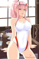 Rule 34 | 1girl, arm support, breasts, cleavage, competition swimsuit, covered navel, darling in the franxx, green eyes, highres, large breasts, lipstick, looking at viewer, makeup, one-piece swimsuit, parted lips, pink hair, pink lips, ponytail, seductive smile, smile, solo, swimsuit, table, thighs, zero two (darling in the franxx)