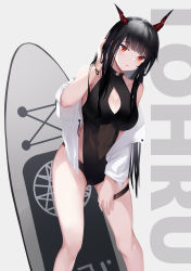 Rule 34 | .l.l, 1girl, absurdres, bare shoulders, black hair, black leotard, breasts, cleavage, cleavage cutout, clothing cutout, collarbone, commentary request, feet out of frame, grey background, hand up, highres, horns, large breasts, leotard, long hair, looking at viewer, navel, off shoulder, open clothes, open shirt, original, parted lips, red eyes, revision, see-through, shirt, solo, standing, very long hair, white shirt