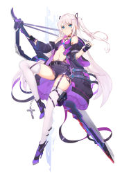 Rule 34 | 1girl, absurdres, bare shoulders, belt, black choker, black coat, black gloves, black shorts, blue eyes, breasts, choker, closed mouth, coat, detached sleeves, earrings, facial mark, fingerless gloves, full body, garter straps, gloves, greatsword, high heels, highleg, highres, holding, holding sword, holding weapon, hood, hood down, huge weapon, jewelry, jinjide shaonian, long hair, long sleeves, looking at viewer, midriff, navel, necklace, no bra, open clothes, open coat, original, short shorts, shorts, small breasts, solo, stomach, sword, thighhighs, thighs, two side up, very long hair, weapon, white hair, white thighhighs