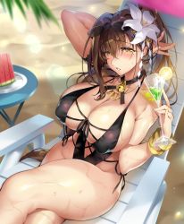 Rule 34 | 1girl, arm up, bangle, beach, beach chair, beach umbrella, bell, black one-piece swimsuit, blush, bracelet, breasts, brown eyes, brown hair, chair, commentary request, covered erect nipples, crossed bangs, crossed legs, cup, curvy, day, eyewear on head, fingernails, flower, food, fruit, glint, groin, hair between eyes, hair flower, hair ornament, highres, holding, holding cup, jewelry, jingle bell, kanpani girls, large breasts, long hair, looking at viewer, lounge chair, mole, mole under eye, neck bell, necklace, one-piece swimsuit, outdoors, palm leaf, parted lips, pinky out, ponytail, sand, senri gan, shade, shiny skin, shirayuri sakura, sidelocks, skindentation, solo, sunglasses, sunlight, swimsuit, thighs, umbrella, very long hair, watermelon, wet