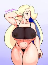 Rule 34 | 1girl, armpits, artist name, barbell piercing, bare shoulders, blonde hair, blue background, blue eyes, blush, breasts, buckle, cleavage, closed mouth, collarbone, cowboy shot, creatures (company), crop top, eyelashes, female pubic hair, game freak, gradient background, gym leader, hair flip, hand up, highres, hip bones, huge breasts, lips, long hair, looking to the side, mature female, melony (pokemon), navel, nintendo, nipple piercing, nipples, perkydee, piercing, pink lips, pokemon, pokemon swsh, pubic hair, puffy nipples, see-through, solo, standing, stomach, sweat, thick eyebrows, thick thighs, thighs, thong, underboob, very long hair, white background, wide hips