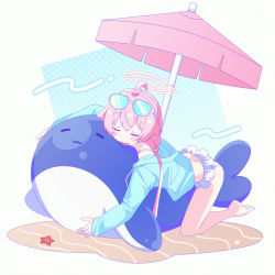 Rule 34 | 1girl, ahoge, aqua jacket, barefoot, beach umbrella, bikini, blue archive, blush, closed eyes, eyewear on head, frilled bikini, frills, hair bobbles, hair ornament, halo, hoshino (blue archive), hoshino (swimsuit) (blue archive), inflatable toy, inflatable whale, jacket, long hair, long sleeves, low twintails, lying, marudeningen, hugging object, on stomach, open mouth, pink hair, simple background, solo, starfish, sunglasses, swimsuit, twintails, umbrella, white bikini